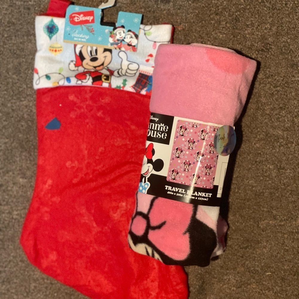 NWOT Mickey stocking and Minnie blanket